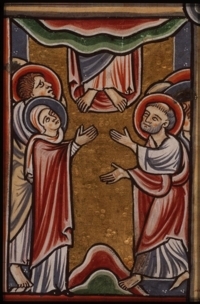 Miniatuur uit 1190/1200 Alleen de voeten van Jezus zijn nog zichtbaar